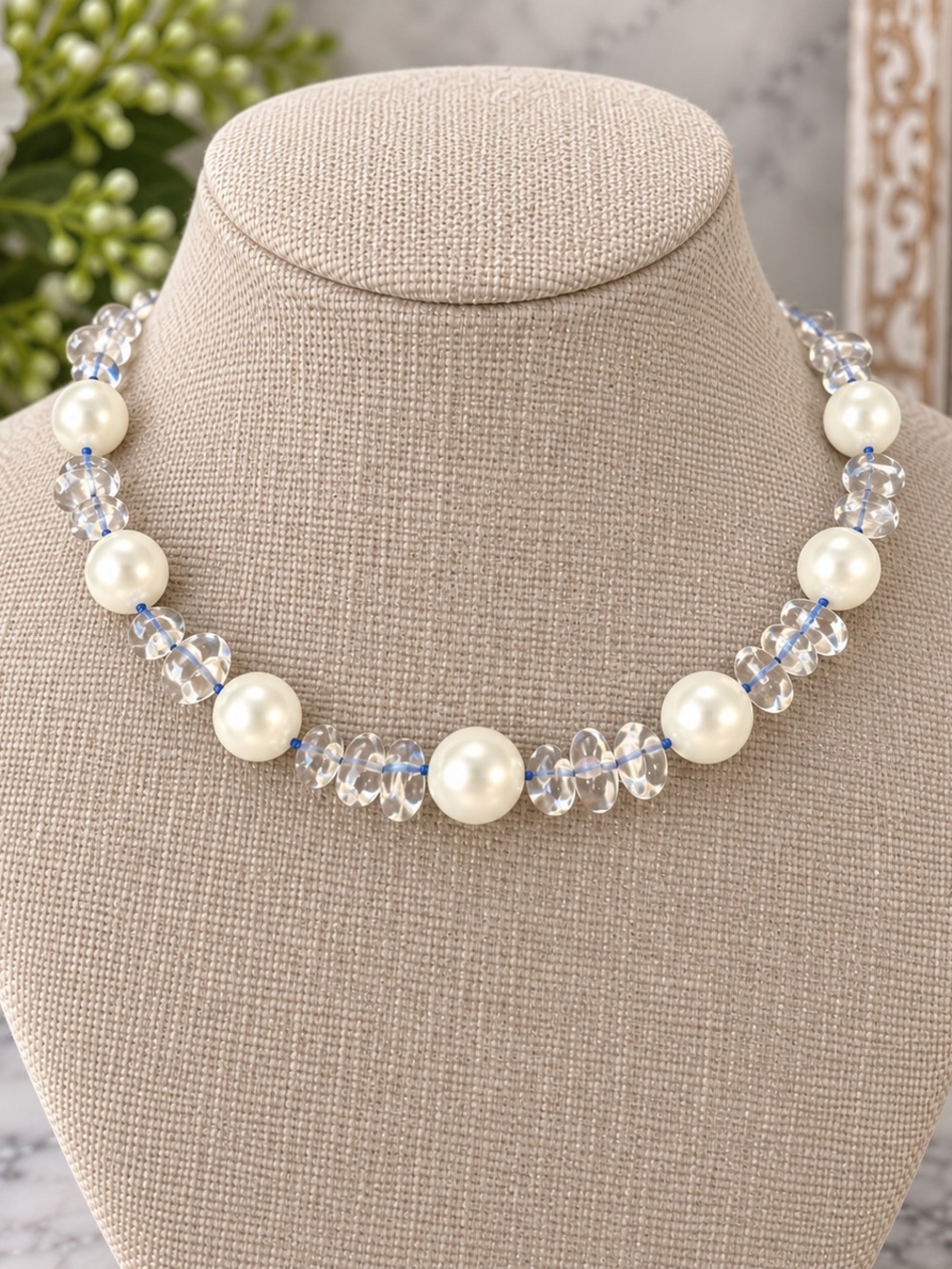 925 Sterling Silver Quartz & Pearl Bead Necklace 16” Genuine Clear Quartz